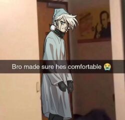  1boy danganronpa_(series) danganronpa_v3:_killing_harmony feet_out_of_frame hat indoors k1-b0 lividcreativity long_sleeves male_focus nightgown short_hair solo standing white_hair 