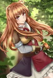  1girl animal_ear_fluff animal_ears armor belt black_dress blunt_bangs blurry blurry_background breastplate breasts breasts_apart brown_armor brown_belt brown_gloves brown_hair closed_mouth collared_dress commentary dress dutch_angle elbow_gloves floating_hair forest gloves hair_tubes hand_up high_collar holding holding_sword holding_weapon leather leather_armor leather_gloves long_hair long_sleeves looking_at_viewer medium_breasts metal_arm_cuffs metal_hair_tubes metal_wrist_cuffs miuki_(artsmiuki) nature neck_ribbon open_collar pauldrons pinstripe_dress pinstripe_pattern raccoon_ears raccoon_girl raphtalia red_dress red_eyes red_ribbon ribbon short_dress shoulder_armor sleeveless sleeveless_dress smile solo straight_hair swept_bangs sword tate_no_yuusha_no_nariagari two-tone_dress weapon white_dress 