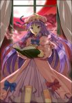  blush book bow crescent hat moon nakahara_(fukufuku) open_book open_mouth patchouli_knowledge purple_eyes purple_hair red_sky sky solo standing touhou violet_eyes window 