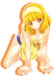  all_fours apron bare_shoulders blonde_hair blush breasts cleavage hairband head_tilt kise_yayoi naked_apron no_bra palms_on_ground precure seleb629 short_hair smile smile_precure! solo underwear yellow_eyes yuiyuimoe 