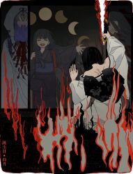  1girl araya_(project_moon) arm_up bare_shoulders black_bow black_hair black_kimono black_sash blood blood_from_mouth blue_hair blue_sash blue_streaks blue_veil bow closed_eyes colored_inner_hair commentary_request epsilon1620 fire hell_screen highres holding holding_sword holding_weapon japanese_clothes katana kimono limbus_company long_hair multicolored_hair obi open_mouth project_moon ripping ryoshu_(project_moon) sash shiomi_yoru_(project_moon) sidelocks smile spitting spitting_blood streaked_hair sword veil very_long_hair weapon white_kimono wide_sleeves 