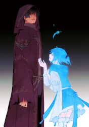  1boy 1girl absurdres bird_girl bird_tail black_background black_hair blue_capelet blue_eyes blue_feathers blue_hair capelet closed_eyes commentary dress english_commentary fandaniel feathered_wings feathers final_fantasy final_fantasy_xiv gradient_background grey_background hand_on_own_chest hand_up head_wings height_difference highres hood hood_up hooded_robe long_sleeves meteion one_eye_covered open_mouth purple_robe reci robe short_hair smile standing tail torn_clothes torn_robe white_dress wings 