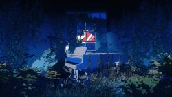  1girl absurdres black_pants black_shirt clouds commentary_request cool_colored from_side full_body grand_piano grass grey_hair highres indoors instrument ligne_claire long_hair on_bench original overgrown pants piano plant shirt sitting solo straight_hair twilight vines walts_p. window 