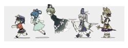  5girls aqua_dress belt black_belt black_eyes black_hair black_hat black_shoes black_skirt blue_boots blue_collar blue_hair blue_sailor_collar blue_skirt boots bow bracelet brown_eyes brown_hair chinese_clothes closed_eyes collar collared_vest commentary_request cup curly_hair dress drill_hair earmuffs floating footwear_bow frilled_dress frilled_sleeves frills ghost ghost_tail gold_bracelet green_dress green_eyes green_hair grey_background grey_eyes grey_hair hair_ears hair_ornament hair_rings hair_stick hand_on_own_face hat hat_bow hat_ornament highres holding holding_baton japanese_clothes jewelry jiangshi kaku_seiga kariginu lace-trimmed_shirt lace-trimmed_sleeves lace_trim layered_clothes layered_sleeves long_hair long_sleeves medium_hair miyako_yoshika mononobe_no_futo multicolored_sleeves multiple_girls newsboy_cap ofuda ofuda_on_clothes ofuda_on_head open_mouth outstretched_arms perro090119 plate pleated_skirt ponytail puffy_long_sleeves puffy_short_sleeves puffy_sleeves purple_hat purple_skirt red_shirt ritual_baton sailor_collar sakazuki scabbard sheath sheathed shirt shoes short_hair short_sleeves side_drill sidelocks simple_background skirt sleeveless smile soga_no_tojiko star_(symbol) star_hat_ornament sword tangzhuang tate_eboshi ten_desires touhou toyosatomimi_no_miko two-tone_background vest walking weapon white_background white_boots white_bow white_sleeves white_vest yellow_bow yellow_shirt zombie_pose 
