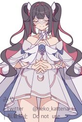  1girl bare_legs bare_shoulders black_hair bow bowtie closed_eyes closed_mouth columbina_(genshin_impact) commentary_request dress eye_mask genshin_impact hair_ornament highres interlocked_fingers mask multicolored_hair neko_kattenai_i purple_hair purple_streaks ribbon simple_background smile solo streaked_hair twintails two-tone_hair white_background white_bow white_dress white_wings wings x-shaped_eyewear 