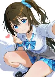  1girl amamiya_(re-amamiya) black_choker black_shoes blue_eyes blue_skirt bow brown_hair choker collared_shirt double_finger_heart finger_heart fingernails gyaru gyarugasaki happy_birthday heart loafers long_hair looking_at_viewer love_live! love_live!_nijigasaki_high_school_idol_club official_alternate_costume official_alternate_hairstyle osaka_shizuku plaid_bow plaid_clothes plaid_skirt pleated_skirt ponytail selfie shadow shirt shoes side_ponytail signature simple_background skirt smile socks solo thighs wavy_hair white_background white_shirt white_socks 