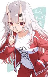  1girl breasts commentary_request glasses grey_hair highres hololive jacket medium_breasts nakiri_ayame nakiri_ayame_(cutie_jersey) pants poyoyo_(nakiri_ayame) red_eyes red_jacket red_pants ryuga_(balius) shirt solo track_jacket track_pants virtual_youtuber white_shirt 