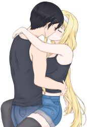  alice_zuberg alternate_costume black_hair black_shirt black_tank_top black_thighhighs blonde_hair blue_pants breasts closed_eyes commentary_request couple denim denim_shorts facing_another hairband hand_on_another's_hip hetero highres jeans kirito kiss long_hair long_sidelocks medium_breasts midriff_peek pants rain_33 shirt short_hair shorts sidelocks simple_background sleeveless sleeveless_shirt straight_hair sword_art_online sword_art_online:_alicization tank_top thigh-highs torn_clothes torn_shorts white_background white_hairband zettai_ryouiki 