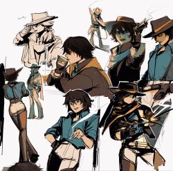  aiming alcohol belt bottle chaps cigarette cowboy_hat denim gun gunsmoke hat hat_tip highres holliday_(deadlock) jacket jeans lasso orange_scarf pants revolver rosewaterjelly scarf short_hair sketch suspenders weapon white_background 