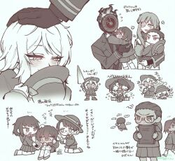  1other 4girls 6+boys aged_down aseah_(project_moon) bandaid blush bow bowtie closed_mouth commentary crying dante_(limbus_company) don_quixote_(project_moon) dongbaek_(project_moon) dongrang_(project_moon) food glasses gregor_(project_moon) greyscale gubo_(project_moon) happy hat hat_bow holding holding_mirror hug kindergarten_uniform limbus_company limbus_kindergarten_uniform meursault_(project_moon) mirror monochrome multiple_boys multiple_girls petting project_moon senbei short_hair sinclair_(project_moon) smile translation_request unitaroukun yi_sang_(project_moon) yuri_(project_moon) 