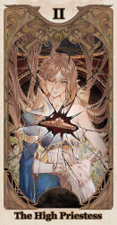  1girl absurdres broken brown_hair buhuihuahuadetouwu card_(medium) chinese_commentary commentary_request flower gold_tiara green_eyes hair_ornament hairpin highres incredibly_absurdres long_hair looking_at_viewer one_eye_closed own_hands_together parted_lips pointy_ears princess_zelda single_bare_shoulder solo tarot tarot_(medium) the_high_priestess_(tarot) the_legend_of_zelda the_legend_of_zelda:_breath_of_the_wild triforce 