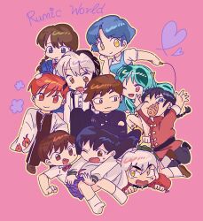  5boys 5girls :3 animal_ears bead_necklace beads black_hair blue_dress blue_eyes blue_hair blue_skirt braid brown_eyes brown_hair character_request check_character chibi chibi_only closed_mouth creator_connection dog_boy dog_ears dress fuurinkan_high_school_uniform garnel_(letsgotomato11) green_hair heart highres higurashi_kagome inuyasha inuyasha_(character) jewelry kiba_nanoka korean_commentary kyoukai_no_rinne long_hair lum mamiya_sakura mao_(mao) mao_(takahashi_rumiko) moroboshi_ataru multiple_boys multiple_girls necklace open_mouth orange_eyes pink_background ranma_1/2 red_eyes red_hair rokudou_rinne saotome_ranma school_uniform short_hair single_braid skirt smile tendou_akane tooth_necklace urusei_yatsura white_hair yellow_eyes 