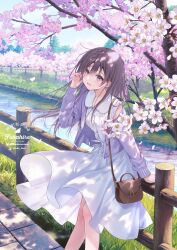  1girl bag black_hair blue_eyes bluesky_username brown_bag cardigan cherry_blossoms commentary_request dress feet_out_of_frame fence fukahire_(ruinon) hair_between_eyes highres leaning long_hair looking_at_viewer open_cardigan open_clothes original outdoors parted_lips purple_cardigan river shoulder_bag smile solo twitter_username water watermark white_dress wooden_fence 