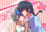  1girl akane_tendo black_hair blue_eyes blue_hair braid bridal_veil brown_eyes closed_eyes coa_(momo) dress eyes_closed hand_holding holding_hands ranma_1/2 ranma_saotome saotome_ranma short_hair tendou_akane veil wedding_dress 