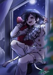  1boy absurdres black_hair buttons checkered_clothes checkered_scarf christmas christmas_tree climbing commentary curtains danganronpa_(series) danganronpa_v3:_killing_harmony flipped_hair hair_between_eyes highres holding holding_sack kujira_pyon_ka long_sleeves looking_at_viewer male_focus medium_hair moon multicolored_buttons night oma_kokichi open_mouth open_window pants pinky_out purple_hair ringed_eyes sack scarf short_hair signature sky smile solo star_(sky) starry_sky thigh_strap twitter_username two-tone_scarf violet_eyes window 