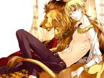  animal belt blonde_hair bracelet fate/zero fate_(series) gilgamesh jewelry kuro_(qqaid) lion male necklace red_eyes shirtless short_hair smile 