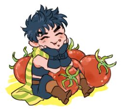  1boy battle_tendency belt black_gloves black_pants black_shirt boots brown_belt brown_boots cherry_tomato chewing chuu_ni closed_eyes closed_mouth commentary_request eating elbow_rest fingerless_gloves food food_on_face gloves green_scarf jojo_no_kimyou_na_bouken joseph_joestar joseph_joestar_(young) male_focus mini_person miniboy pants scarf shirt sitting sleeveless sleeveless_shirt solo striped_clothes striped_scarf thick_eyebrows tomato white_background yellow_scarf 