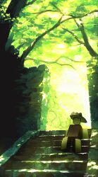 1boy check_character closed_eyes closed_mouth cowboy_hat dappled_sunlight die_of_death from_below full_body highres male_focus nature outdoors revolver_(die_of_death) roblox saturated scenery sitting solo sunlight svellamushire tree