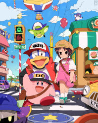  1girl 3boys absurdres adeleine aircraft bag balloon baseball_cap bendedede black_eyes black_hair blipper blue_hat blue_shoes blue_sky bronto_burt brown_bag brown_hat car character_counter_request character_request check_character clouds commentary coo_(kirby) crosswalk driving english_commentary hair_ornament hairclip hat highres hot_air_balloon kine_(kirby) king_dedede kirby kirby_(series) looking_at_viewer meta_knight motor_vehicle multiple_boys nago_(kirby) one_eye_closed outdoors overall_skirt overalls palm_tree pink_overalls pitch_(kirby) purple_hat shirt shoes short_sleeves sky socks squishy_(kirby) t-shirt tree waddle_dee waddle_doo wheel wheelie_(kirby) white_shirt white_socks 