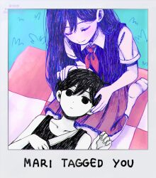  1boy 1girl antenna_hair artist_name barefoot black_eyes black_hair black_tank_top blush brother_and_sister closed_mouth collarbone collared_shirt commentary double-parted_bangs english_commentary english_text expressionless hair_behind_ear hair_between_eyes hands_on_another's_head holding holding_knife knife long_hair mari_(headspace)_(omori) mari_(omori) maromichan neckerchief omori omori_(omori) pleated_skirt purple_hair purple_sweater_vest red_neckerchief red_skirt seiza shirt short_hair siblings sitting skirt smile sweater_vest tank_top white_shirt 