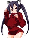  animal_ears black_hair cat_ears k-on! long_hair looking_at_viewer nakano_azusa naked_sweater red_eyes ribbed_sweater shinama simple_background solo sweater twintails white_background 