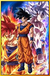  1boy aura black_eyes black_hair blue_sash border dragon_ball dragon_ball_super grey_eyes grey_hair highres male_focus multiple_views muma_maximum76 muscular muscular_male orange_pants orange_shirt pants red_eyes red_hair sash shirt son_goku spiky_hair super_saiyan super_saiyan_god topless_male ultra_instinct yellow_border 