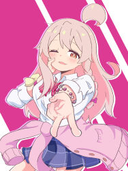  1girl ;d ahoge bead_bracelet beads blush bow bowtie bracelet braid brown_eyes clothes_around_waist commentary cowboy_shot gyaru gyaru_v hand_on_own_cheek hand_on_own_face highres jacket jacket_around_waist jewelry kogal long_hair looking_at_viewer namari_siro official_alternate_costume one_eye_closed onii-chan_wa_oshimai! open_mouth oyama_mahiro pink_hair pink_jacket pleated_skirt red_bow red_bowtie school_uniform shirt side_braid simple_background single_braid skirt smile solo v white_shirt 