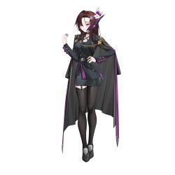  1girl absurdres antennae asymmetrical_legwear belt breasts brown_hair cape cloak commission commissioner_upload dusk_(wayanfa) flower hair_flower hair_ornament hand_on_own_hip highres knees long_sleeves mechanical_ears multiple_belts non-web_source original pink_eyes rhan shirt shoes skirt small_breasts smile solo suit thigh-highs thighs transparent_background 