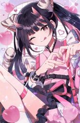  1boy ;q animal_ear_fluff animal_ears black_hair cho_kaguya-hime! commentary_request crossdressing crossdressing_(mtf) danjou_sora feet_out_of_frame frilled_kimono frills gradient_horns hands_up heart heart_hands highres horns japanese_clothes kimono kimono_dress knees_up komazawa_noi long_hair long_sleeves looking_at_viewer male_focus multicolored_hair multicolored_horns one_eye_closed pink_eyes pink_horns pink_kimono pink_streaks sitting smile solo streaked_hair tail tiger_ears tiger_tail tongue tongue_out trap twintails 