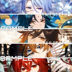  5boys black_gloves blue_eyes blue_hair brown_hair closed_mouth column_lineup commentary_request commission crossed_bangs diluc_(genshin_impact) double-parted_bangs earrings facial_mark forehead_mark genshin_impact gloves hair_between_eyes hand_up jewelry kamisato_ayato looking_at_viewer male_focus mole monocle multiple_boys orange_hair philosophia red_eyes red_hair sample_watermark shirt short_hair single_earring smile tartaglia_(genshin_impact) violet_eyes watermark white_gloves xiao_(genshin_impact) yellow_eyes zhongli_(genshin_impact) 
