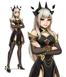  bare_shoulders black_hairband black_thighhighs clothing_cutout crossed_arms detached_sleeves earrings fake_horns fortnite full_body gigis_lab hairband high_heels highres horns jewelry lexa_(fortnite) long_hair looking_at_viewer mismatched_eyebrows official_alternate_costume pelvic_curtain red_eyes simple_background smile tagme thigh-highs thighs white_background white_hair zettai_ryouiki zoom_layer 
