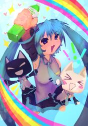  ! !! 1girl :3 artist_name blush cat cosplay doko_demo_issyo drink_carton hatsune_miku hatsune_miku_(cosplay) heart highres holding holding_drink_carton inoue_toro kuro_(doko_demo_issyo) poppippoo_(vocaloid) rainbow sky sonykatzen sparkle twintails vegetable_juice vocaloid 