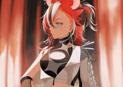  1girl absurdres animal_ears black_hair blue_eyes blurry blurry_background from_side getsukiba hakos_baelz highres hololive mouse_ears mouse_girl multicolored_hair red_background red_hair single_bare_shoulder solo streaked_hair upper_body virtual_youtuber white_hair 