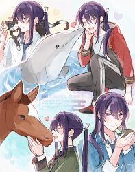  1boy :d animal animal_on_shoulder black_pants blazer blue_jacket blue_necktie cat closed_eyes closed_mouth commentary_request dated dolphin ensemble_stars! green_jacket hair_ribbon heart highres holding holding_animal hood hood_down hooded_jacket horse jacket kamegorou kanzaki_souma kiss kissed_by_animal ko_no_ao layered_sleeves long_hair male_focus multiple_views necktie one_eye_closed open_clothes open_jacket open_mouth pants ponytail purple_hair red_jacket red_shoes ribbon school_uniform shirt shoes signature smile squatting straight_hair track_pants turtle violet_eyes water watermark white_ribbon white_shirt yumenosaki_school_uniform 