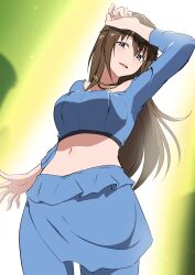  1girl absurdres birthday blue_eyes breasts brown_hair commentary dancer from_below green_background highres jewelry large_breasts long_hair long_sleeves looking_at_viewer love_live! love_live!_nijigasaki_high_school_idol_club midriff navel necklace osaka_shizuku sidelocks solo zasshoku_ojisan 