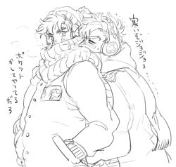  2boys battle_tendency beanie blush caesar_anthonio_zeppeli chuu_ni coat commentary_request covered_mouth earmuffs greyscale hand_in_pocket hat jojo_no_kimyou_na_bouken joseph_joestar joseph_joestar_(young) long_sleeves looking_back looking_to_the_side male_focus monochrome multiple_boys parted_hair shared_pocket short_hair simple_background thick_eyebrows translation_request white_background winter_clothes 