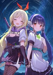  2girls :d ^_^ absurdres apron arm_guards armor backlighting belt black_skirt blonde_hair blue_belt blue_hair blush closed_eyes closed_mouth commentary couple cowboy_shot double_bun facing_viewer fishnet_thighhighs fishnets frilled_apron frills green_ribbon hair_between_eyes hair_bun hair_ornament hair_ribbon hair_stick hairband hand_up happy heaven_burns_red highres holding_hands interlocked_fingers japanese_armor kanzaki_adelheid katana long_hair looking_at_viewer miniskirt mountainous_horizon multiple_girls neck_ribbon night ninja open_mouth outdoors pleated_skirt puffy_short_sleeves puffy_sleeves red_eyes red_ribbon ribbon rinki_oohen satsuki_mari shirt short_sleeves sidelocks skirt sky smile split_mouth star_(sky) starry_sky sword textless_version thigh-highs twintails very_long_hair weapon white_apron white_belt white_hairband white_ribbon white_shirt yuri zettai_ryouiki 