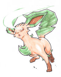  :d brown_hair commentary_request facing_viewer full_body leaf_tail leafeon marker_(medium) pokemon pokemon_(creature) rx79v smile traditional_media white_background 