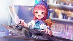  1girl :d anglerfish_costume aqua_shirt blue_hat blue_ribbon blunt_bangs blunt_ends blurry blurry_background coat cooking diamond-shaped_pupils diamond_(shape) fingernails fish glint hands_up happy hat heaven_burns_red highres hime_cut holding holding_knife indoors kitchen knife lab_coat long_hair long_sleeves looking_at_animal mizuhara_aina name_tag neck_ribbon official_art open_clothes open_coat open_mouth pink_hair red_eyes ribbon shirt sidelocks smile solo straight_hair symbol-shaped_pupils tareme thick_eyebrows third-party_source upper_body white_coat 