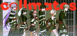  3boys 3girls ahoge alternate_hair_color angry animal_hat arm_warmers bags_under_eyes bandaged_hand bandaged_head bandaged_leg bandaged_neck bandages bandana bandana_around_neck bare_shoulders belt black_arm_warmers black_bandana black_belt black_choker black_gloves black_hair black_hat black_hoodie black_jacket black_pants black_shirt black_shorts black_skirt blue_eyes blue_streaks blunt_bangs blunt_ends bow braid breasts choker closed_mouth collar commentary crop_top crying crying_with_eyes_open cuffs double-parted_bangs empty_eyes english_text expressionless eyewear_on_head fingerless_gloves frilled_shorts frills from_side ghost_hair_ornament gloves gradient_hair green_eyes group_name hair_between_eyes hair_ornament handcuffs hat high-low_skirt highres hood hood_bow hood_down hood_up hoodie hoshirube_sho indoors interlocked_fingers iron_bars jacket jacket_partially_removed jewelry kenmochi_touya kuzuha_(nijisanji) large_breasts layered_shirt leaning_forward leg_tattoo light_frown light_smile lineup long_hair long_skirt long_sleeves looking_ahead looking_at_viewer loose_bandages loose_belt medium_breasts merry-san_(w00sjn) metal_collar midriff midriff_peek multicolored_hair multiple_boys multiple_girls neck_tattoo necklace nijisanji number_tattoo o-ring o-ring_belt official_alternate_costume open_mouth own_hands_together pants parted_lips pink-tinted_eyewear pink_eyes pink_hair pointy_ears prison prison_cell prison_clothes purple_hair quad_braids rabbit_hat raised_eyebrows raised_inner_eyebrows red_eyes sanpaku sasaki_saku shackles shiina_yuika shirt short_hair short_shorts short_sleeves shorts sidelocks skirt sleeveless sleeveless_shirt sleeves_past_wrists streaked_hair striped_arm_warmers striped_bandana striped_clothes striped_hat striped_hoodie striped_pants striped_shirt tattoo tears thigh_strap tinted_eyewear torn_clothes torn_hoodie torn_jacket torn_shirt torn_skirt tsukino_mito tsurime turning_head twin_braids twintails two-tone_arm_warmers two-tone_bandana two-tone_hat two-tone_hoodie two-tone_pants two-tone_shirt two-tone_skirt v-shaped_eyebrows very_long_hair virtual_youtuber walking wallet_chain white-framed_eyewear white_arm_warmers white_bandana white_bow white_hair white_hat white_hoodie white_pants white_shirt white_skirt x_hair_ornament 