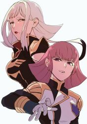  2girls black_streaks bob_cut carta_issue epaulettes gjallarhorn gloves gold_trim gundam gundam_tekketsu_no_orphans haman_karn hand_up high_collar in-franchise_crossover long_sidelocks medium_hair military_uniform multicolored_hair multiple_girls neo_zeon no_pupils otenki93 pink_hair scowl short_eyebrows short_hair sidelocks smile streaked_hair teeth two-tone_hair upper_body upper_teeth_only violet_eyes white_background white_gloves zeon zeta_gundam 