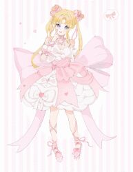  1girl absurdres ankle_ribbon arm_bow arm_warmers back_bow bare_shoulders blonde_hair blue_eyes bow bubble_skirt chinese_commentary choker commentary_request commission detached_sleeves dot_nose double_bun dreamtime_bestowed_(infinity_nikki) dress dress_bow eyelashes eyelid_pull footwear_bow frilled_arm_warmers frilled_sleeves frills full_body hair_bow hair_bun hair_ornament happy heart heart_hair_ornament highres infinity_nikki jewelry large_bow layered_dress leg_ribbon light_blush long_hair medium_dress nail_polish neck_ribbon necklace nikki_(series) open_mouth parted_bangs pink_background pink_bow pink_choker pink_dress pink_nails pink_ribbon pink_shoes platform_shoes ribbon sample_watermark shoes short_sleeves skirt sleeveless sleeveless_dress smile solo spaghetti_strap standing striped_background twintails two-tone_background vertical-striped_background watermark watermark_grid wavy_hair white_arm_warmers white_background white_bow white_dress white_sleeves wrist_bow xiaobaodebao10722 