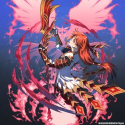  1girl arm_guards armor bird brown_hair commentary dissidia_duellum_final_fantasy dissidia_final_fantasy english_commentary final_fantasy final_fantasy_xi fingerless_gloves gloves headband highres iroha_(ff11) japanese_armor long_hair low-tied_long_hair minagawa_fumio naginata polearm red_headband silhouette solo weapon wings 