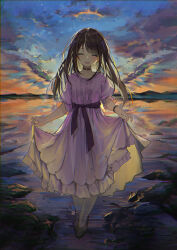  1girl ^_^ absurdres backlighting black_choker black_hair black_sash black_shoes blue_sky blush choker closed_eyes clouds collarbone commentary_request cross cross_choker dress facing_viewer floating_hair frilled_dress frills full_body halo highres holding_own_dress long_dress long_hair ocean open_mouth orange_sky original outdoors puffy_short_sleeves puffy_sleeves rinki_oohen rock sash shoes short_sleeves sky smile solo standing sunset swept_bangs white_dress wings 