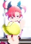  bare_shoulders cheerleader hair_ornament hair_ribbon hairclip halcyon japanese_flag looking_at_viewer midriff navel open_mouth original pom_poms purple_eyes red_hair redhead ribbon short_twintails skirt smile solo twintails violet_eyes 