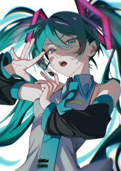  arm_up detached_sleeves green_eyes green_hair hatsune_miku highres looking_at_viewer looking_down miku_day necktie sanshou_(dajv5544) simple_background sleeveless solo upper_body vocaloid white_background 