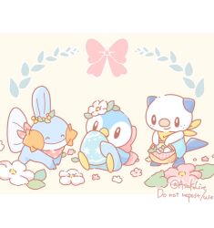  asakoline bandana basket closed_mouth commentary easter easter_egg egg flower holding leaf mudkip no_humans oshawott piplup pokemon pokemon_(creature) ribbon sitting smile standing untranslatable_commentary 