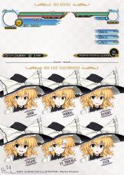  1girl aqua-lia artbook bad_id bandaid bandaid_on_face black_hat blonde_hair blush bow character_name cropped_head empty_eyes english_text false_smile frown fushigi_no_gensokyo gloom_(expression) grey_background grid_background grin hat hat_bow health_bar highres kirisame_marisa looking_at_viewer multiple_expressions official_art one_eye_closed open_mouth page_number shaded_face smile solo sprite_sheet sweatdrop touhou translation_request user_interface white_bow witch_hat yellow_eyes 