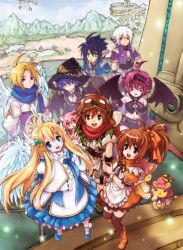  4boys 5girls ahoge android animal_ears apron bat_wings belial_(eco) black_hair black_hat black_wings blonde_hair blue_bow blue_eyes blue_hair blue_jacket blue_scarf blue_shirt blue_shoes blue_skirt blue_sleeves boots bow bowtie brown_eyes brown_hair brown_thighhighs capelet cat_ears cat_girl detached_sleeves dress emil_(eco) emil_chronicle_online feather_hair_ornament feathers frilled_apron frilled_skirt frills goggles goggles_on_head green_eyes green_jacket grey_pants hair_bow hair_ornament halo hat highres jacket kirou_ran lili_(eco) looking_at_viewer lux_(eco) marcia_(eco) multiple_boys multiple_girls nekomata_momo official_art open_mouth orange_boots orange_bow orange_dress pants pink_hair pointy_ears ponytail purple_jacket purple_skirt purple_sleeves r'lyeh_(eco) red_eyes red_scarf robot_ears scarf shirt shoes skirt sleeveless sleeveless_shirt spiky_hair stuffed_animal stuffed_toy teddy_bear thigh-highs tita_(eco) titus_(eco) white_apron white_capelet white_hair white_shirt white_wings wings witch_hat 