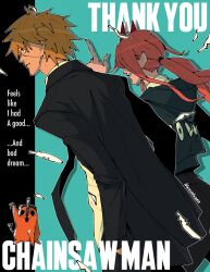  1boy 1girl aqua_background black_border black_hoodie black_jacket black_necktie black_suit blonde_hair border chainsaw_man closed_mouth copyright_name cowboy_shot creature demon_girl denji_(chainsaw_man) english_text eyepatch falling_feathers feathers hair_over_eyes hair_tie hand_in_pocket highres hood hood_down hoodie horns jacket low_twintails necktie open_mouth pink_hair pochita_(chainsaw_man) pointing pointing_up power_(chainsaw_man) red_horns sharp_teeth shirt short_hair smile suit suit_jacket teeth thank_you trizziefrizzie twintails twitter_username walking waving white_shirt 